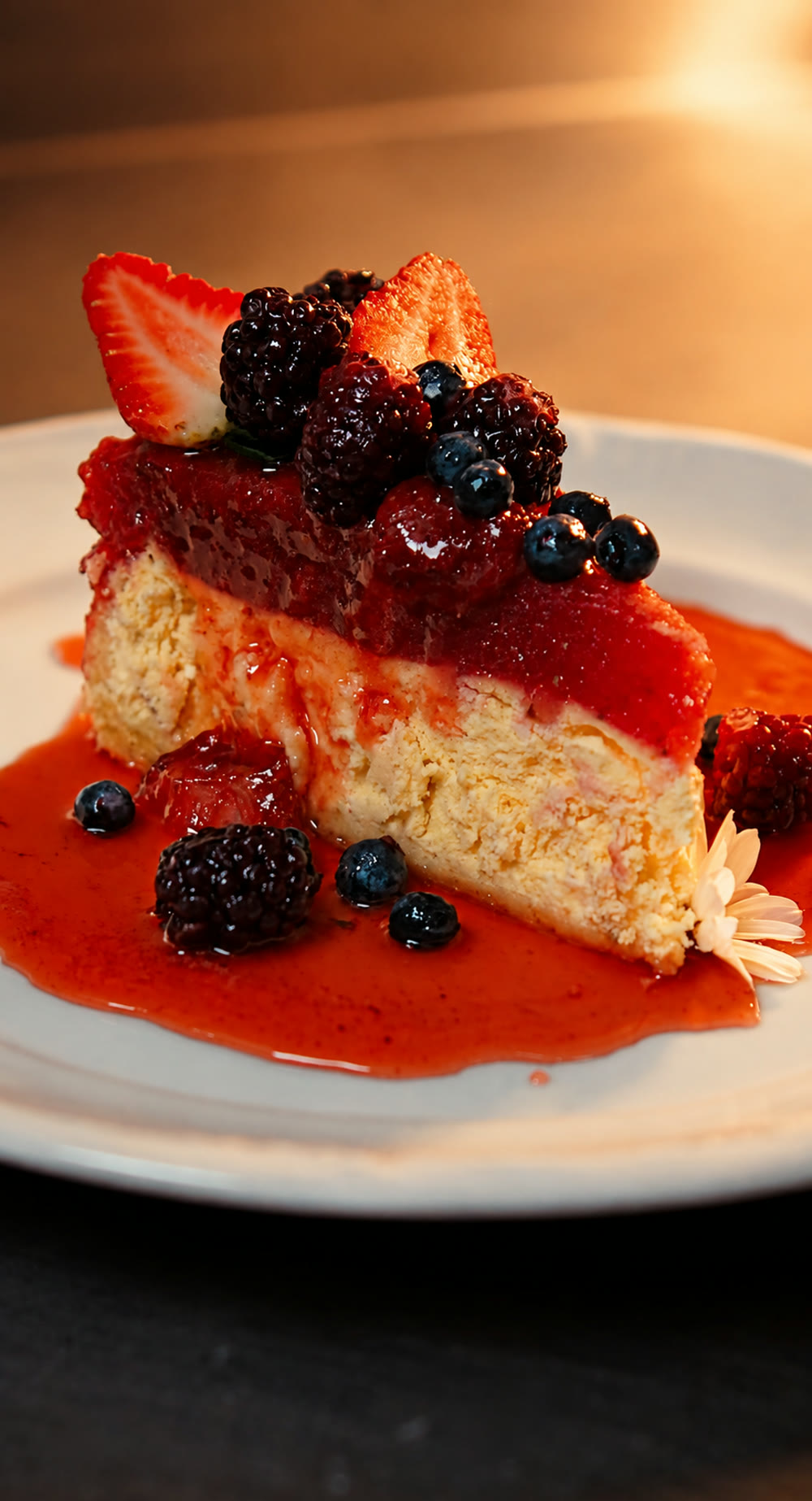 Cheesecake de frutas vermelhas com coulis e frutas frescas